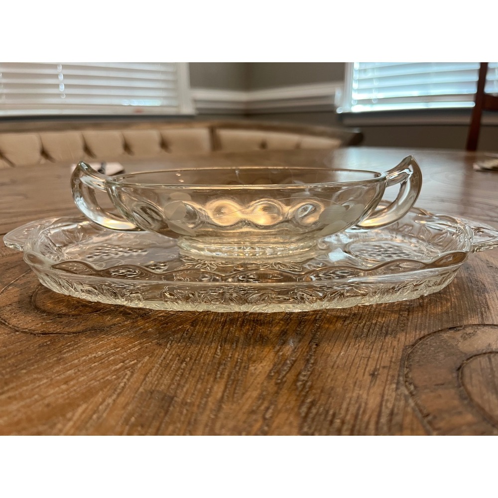Vintage Clear Glass Grape Design Bowl with Handles & Underplate chip and dip Set